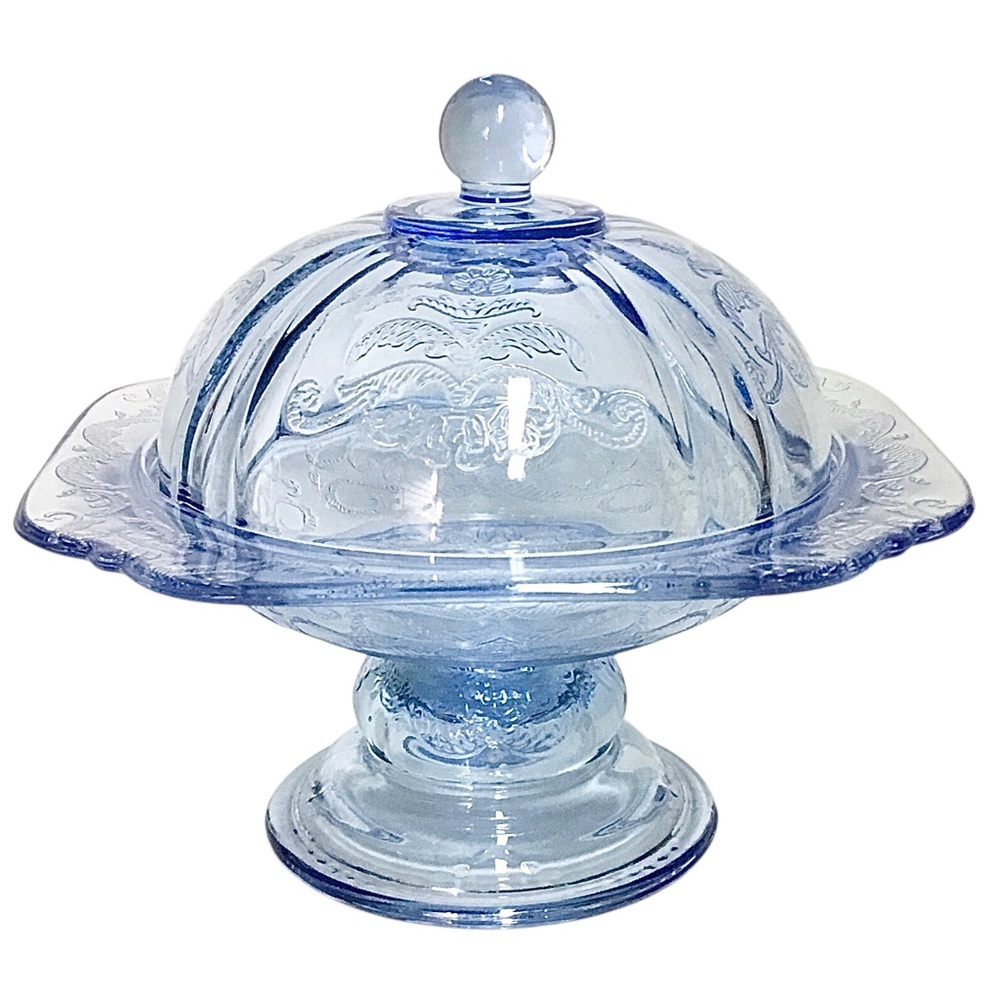 Vintage Blue Indiana Glass Company ‘Recollection Madrid’ Pattern Pedestal Dish